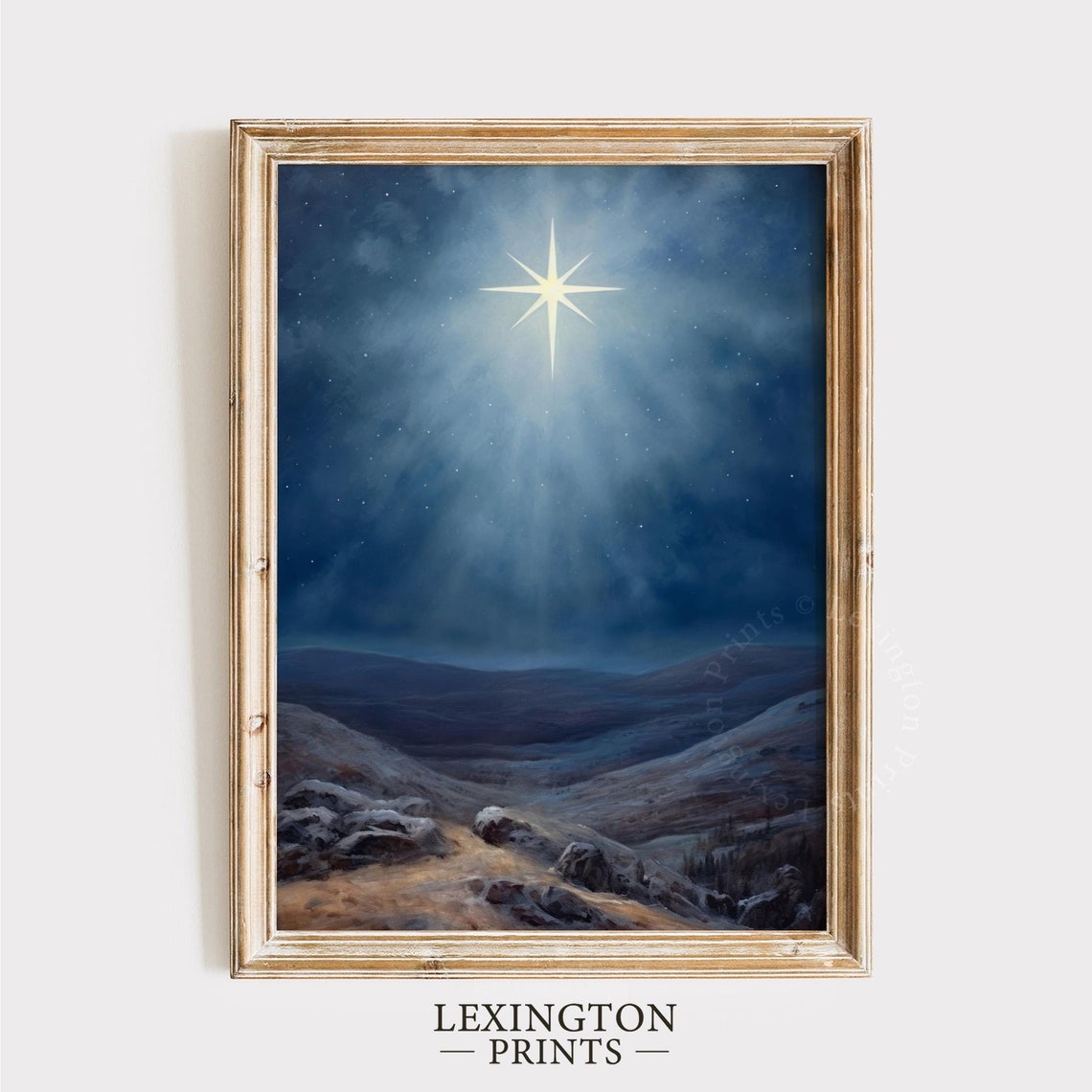 Bright Bethlehem Star Over Moonlit Rocky Hills Night Sky Print