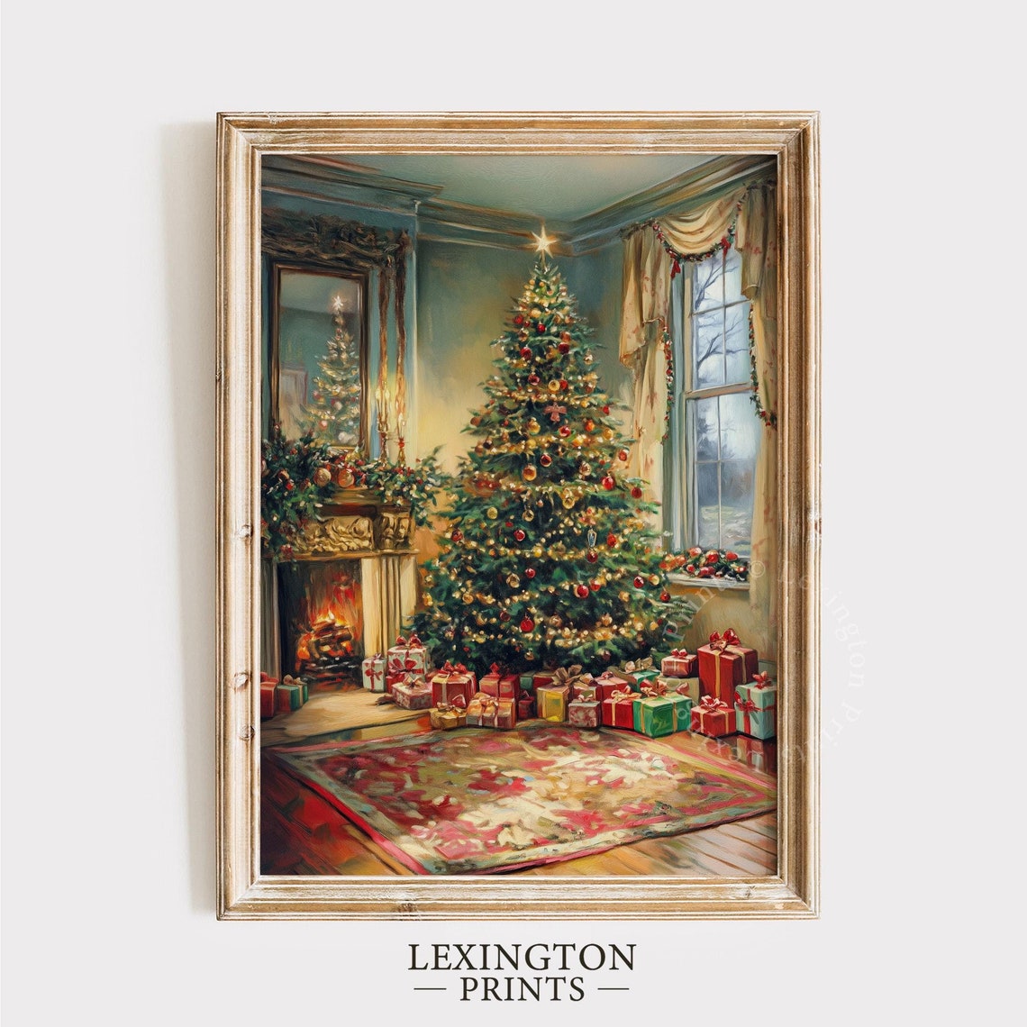 Cozy Living Room with Christmas Tree Fireplace and Gifts Poster