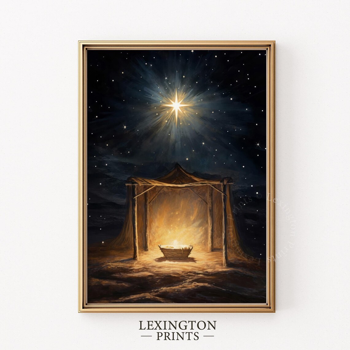 Nativity Scene Glowing Manger Stable Christmas Star Night Oil Poster