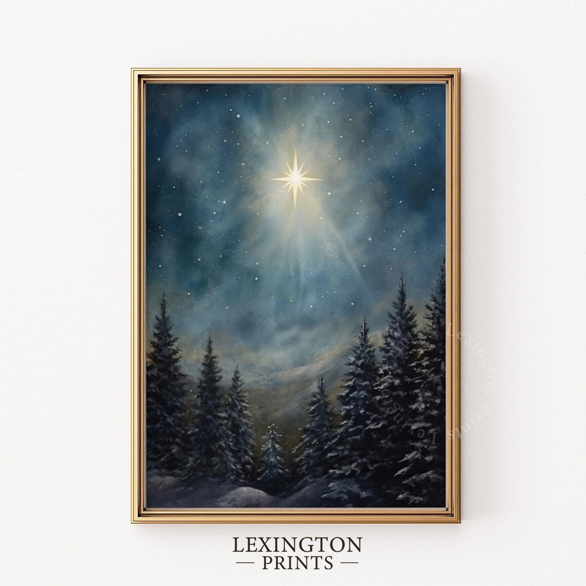 Shining Christmas Star Above Snowy Pine Forest Night Scene Print