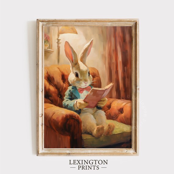 Dapper Rabbit Reading a Book in Leather Armchair Vintage Storybook Poster