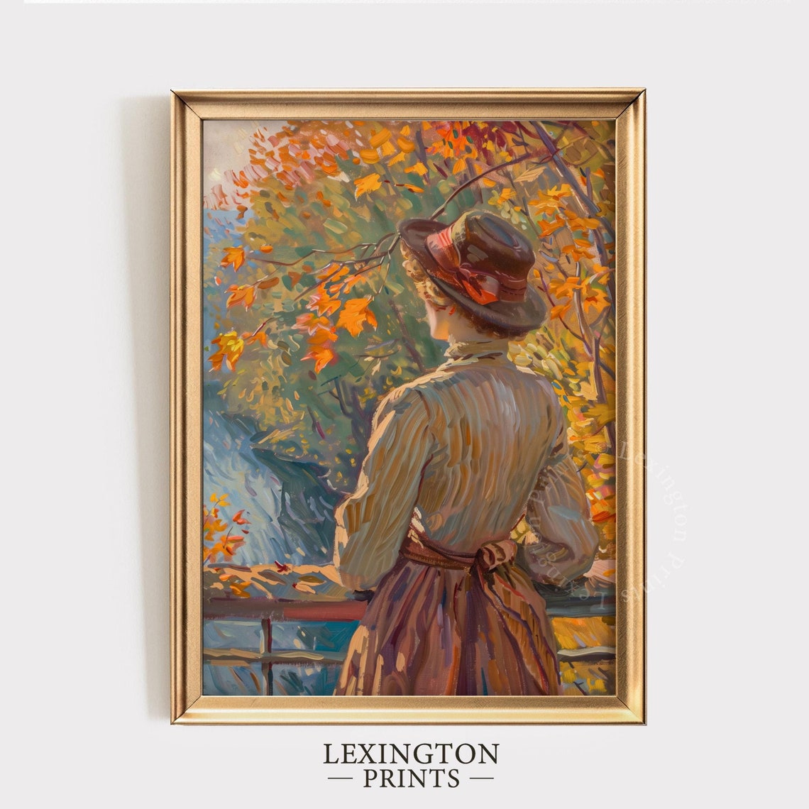 Woman in Hat Gazing at Autumn Waterfall from Behind Scenic Poster