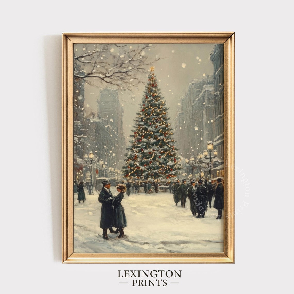 Snowy City Christmas Tree Vintage Couple Winter Painting Poster
