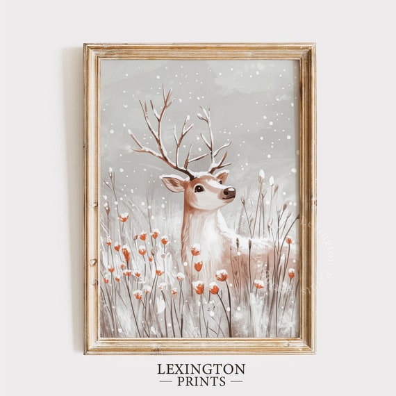 Neutral Winter Reindeer Print Winter Wall Art Christmas Print Winter Wall Art Cute Deer Poster Holiday Home Decor Seasonal 909
