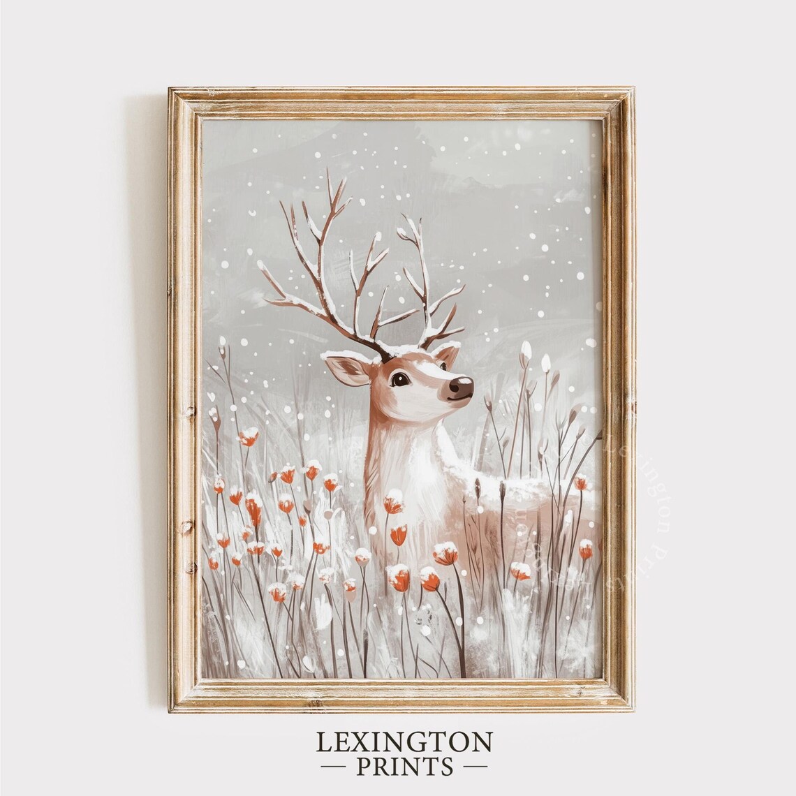 Young Deer Snowy Winter Field Illustrated Wildlife Painting Poster