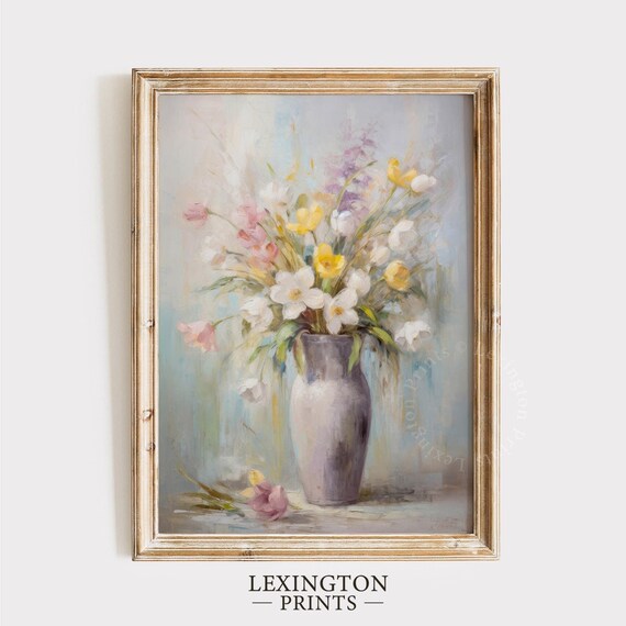 Pastel Spring Flowers Still Life Grey Vase Soft Impressionist Floral Poster