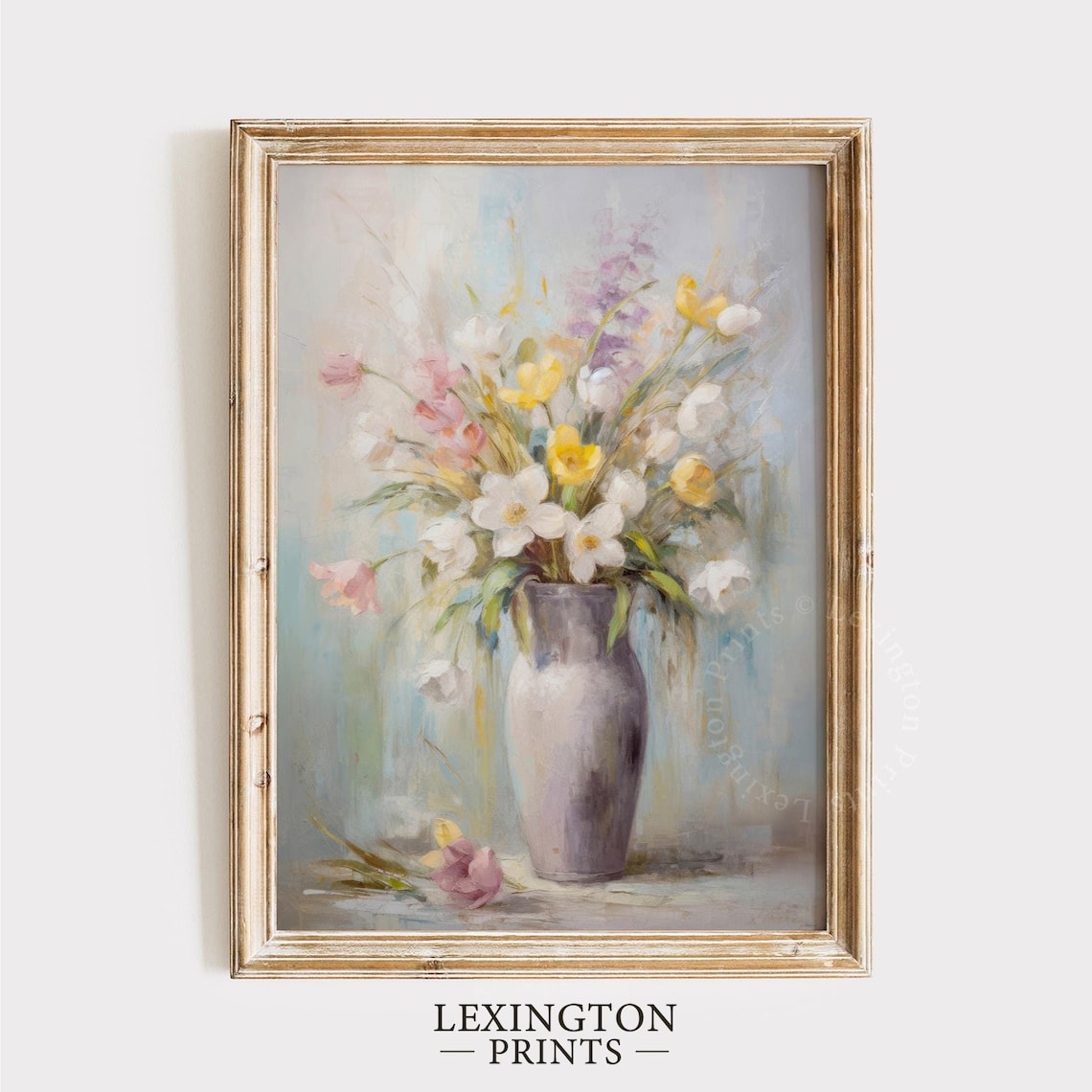 Pastel Spring Flowers Still Life Grey Vase Soft Impressionist Floral Poster