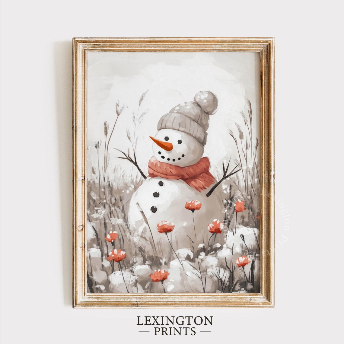 Neutral Snowman with Coral Scarf in Winter Field Christmas Wall Art