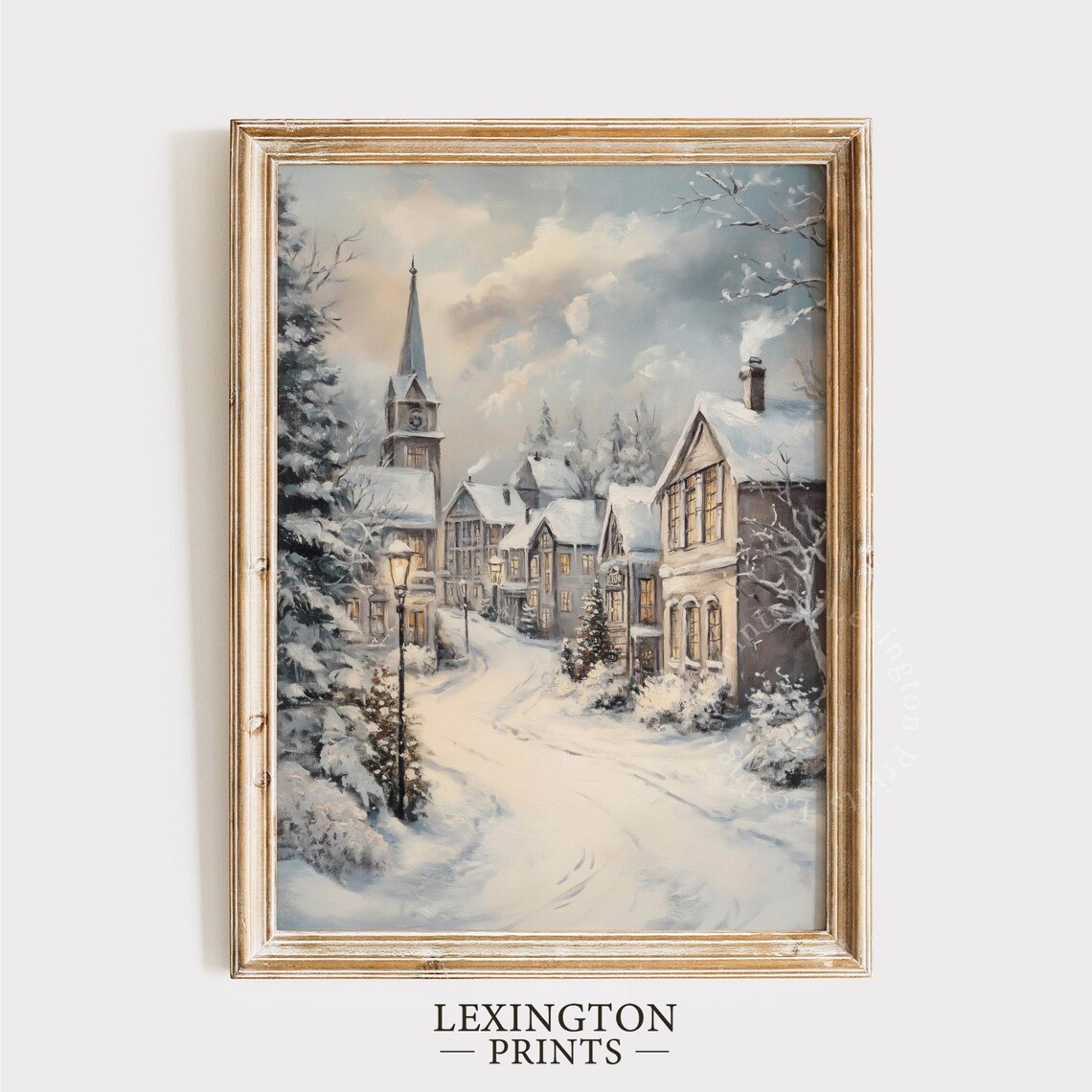 Snowy Village Church Steeple Christmas Winter Painting Poster