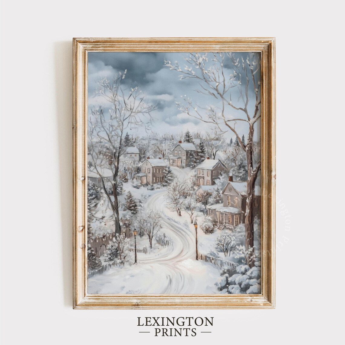 Snowy Winter Village Christmas Lane Vintage Holiday Painting Poster