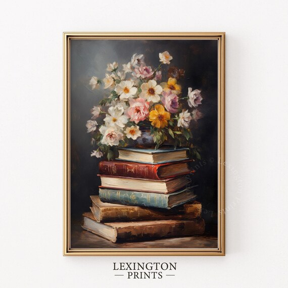 Wildflower Bouquet on Stack of Antique Books Dark Still Life Print