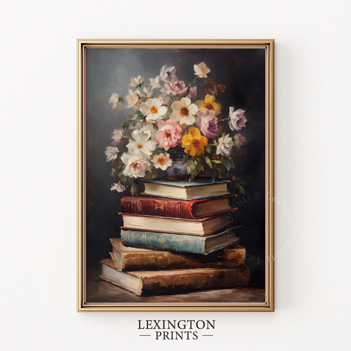 Wildflower Bouquet on Stack of Antique Books Dark Still Life Print