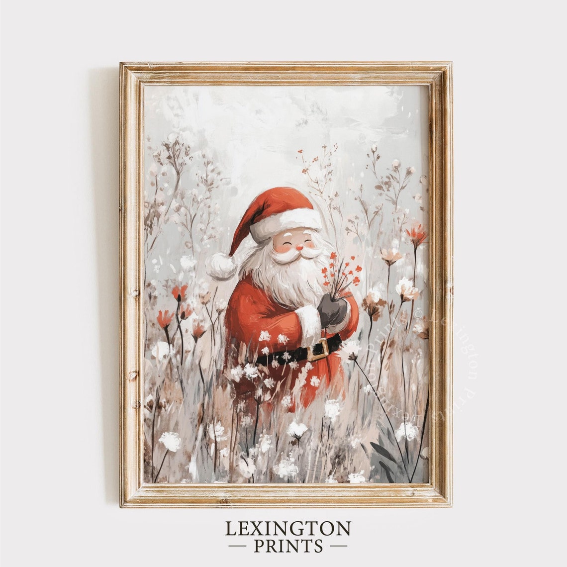 Santa Claus Among Wildflowers Holding Bouquet Christmas Wall Art