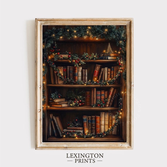 Moody Christmas Bookshelf Print Christmas Wall Art Dark Academia Decor Library Print Christmas Book Lover Gift Holiday Decor 949