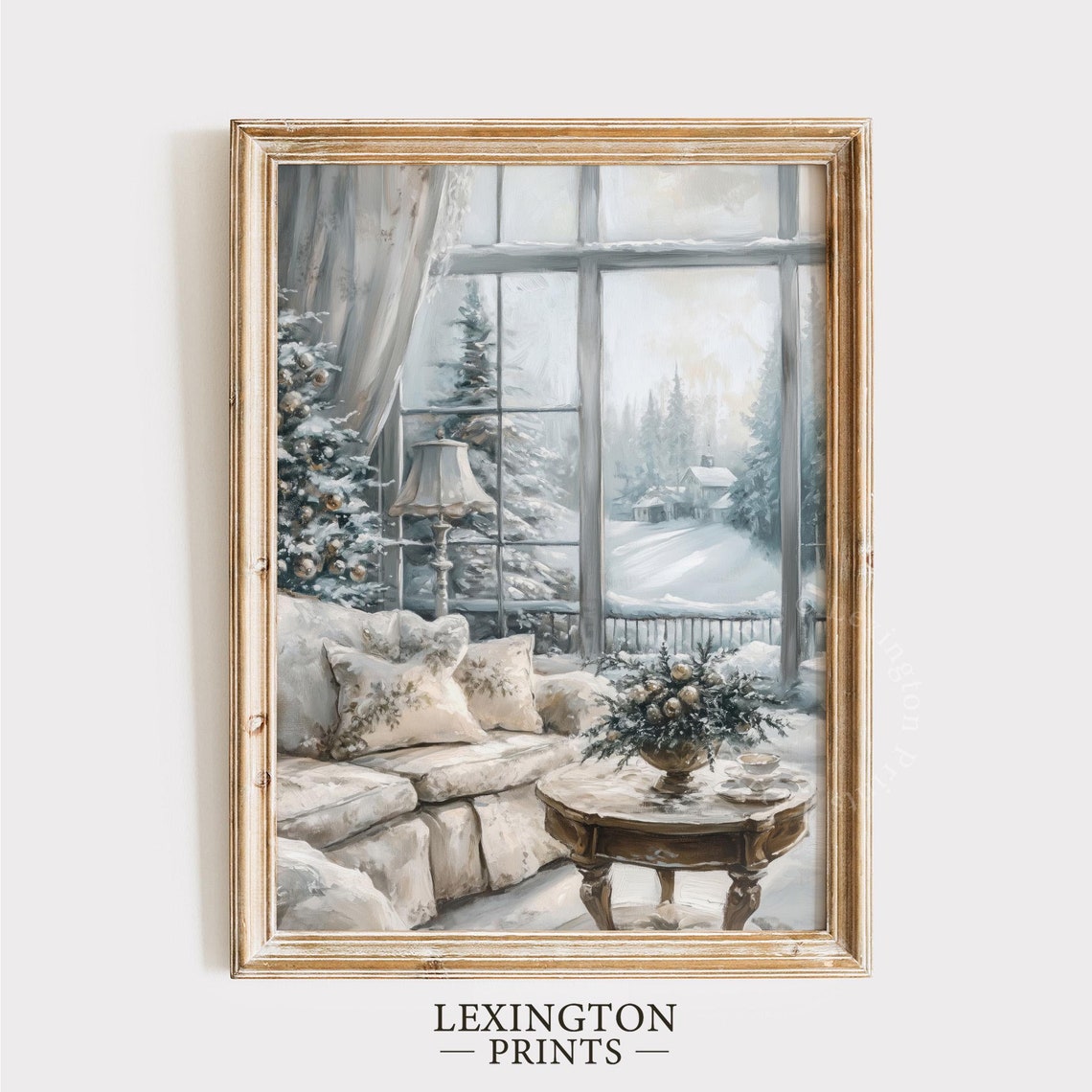 Cozy White Living Room Overlooking Snowy Pine Forest View Poster