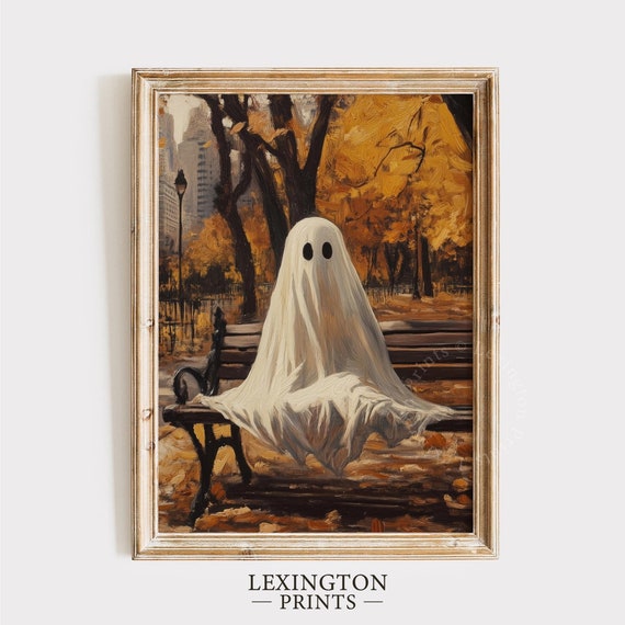 Dark Fall Ghost On Bench Print Halloween Wall Art Halloween Poster Ghost Wall Art Moody Halloween Decor Rustic Fall Print 836