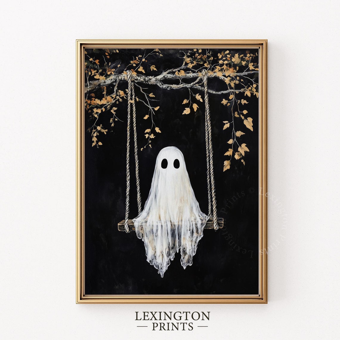 Cute White Ghost on a Swing Under Autumn Tree Halloween Poster
