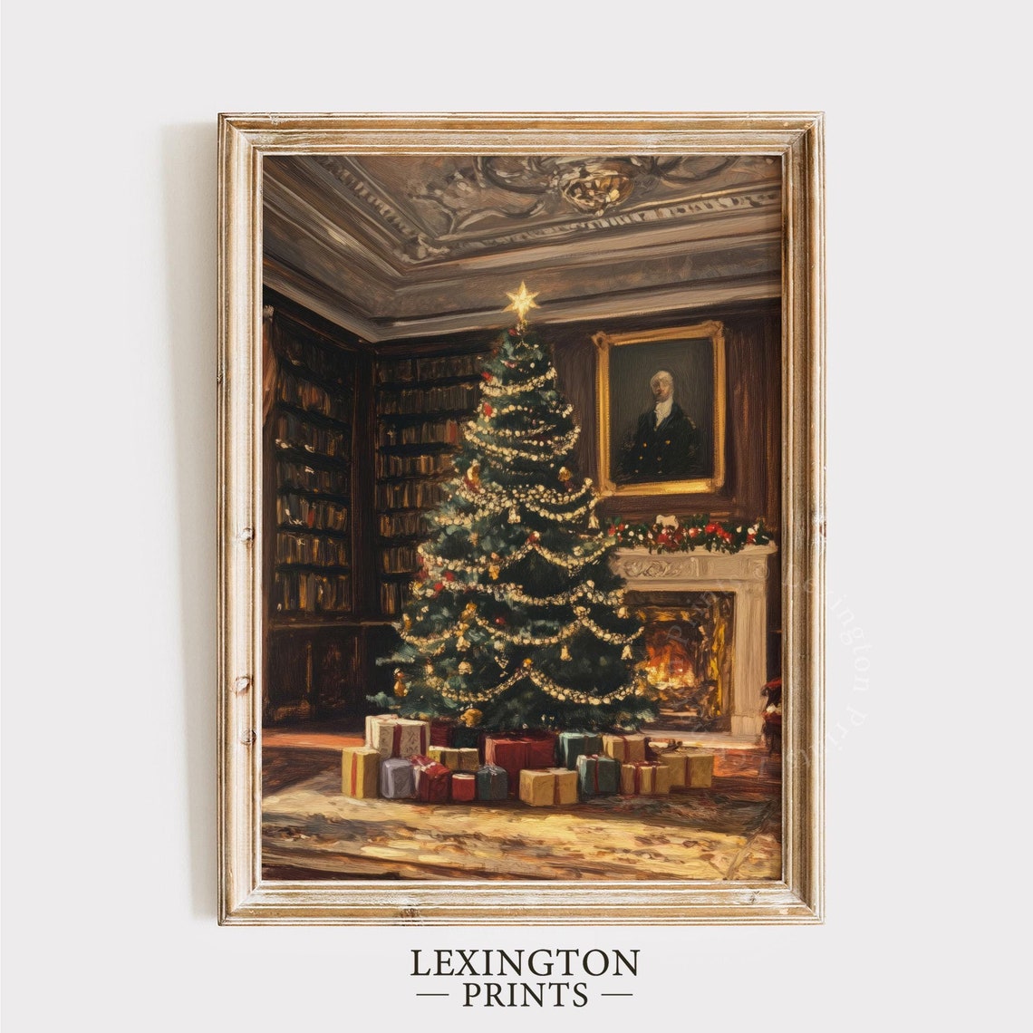 Dark Academia Christmas Tree Library Fireplace Oil Painting Poster