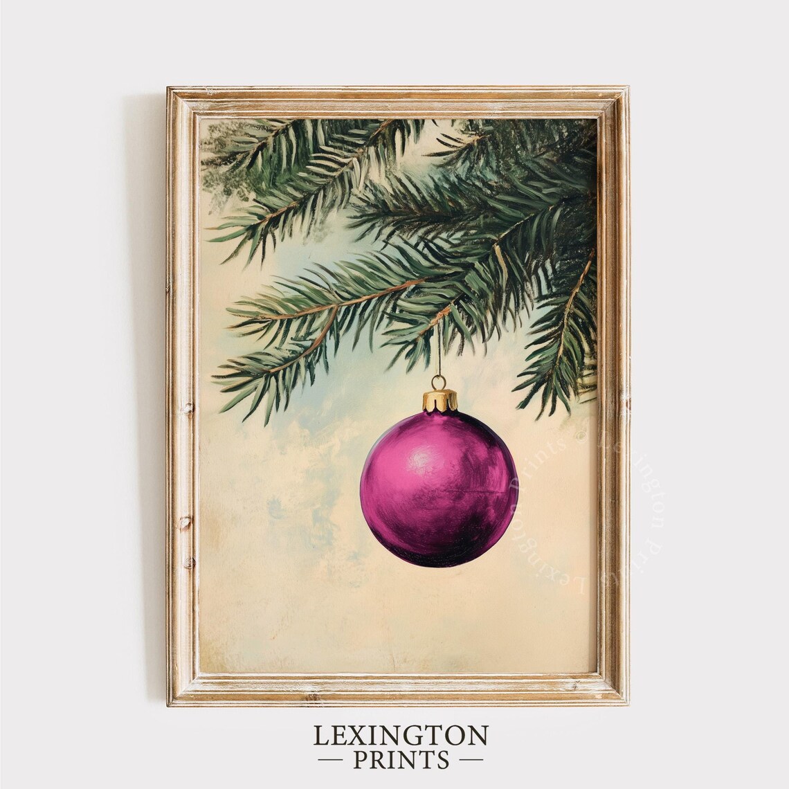 Magenta Christmas Ornament on Pine Branch Vintage Holiday Poster