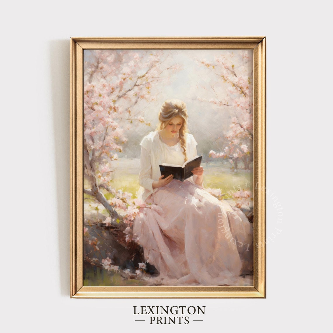 Woman Reading Book under Cherry Blossoms Pink Spring Garden Poster