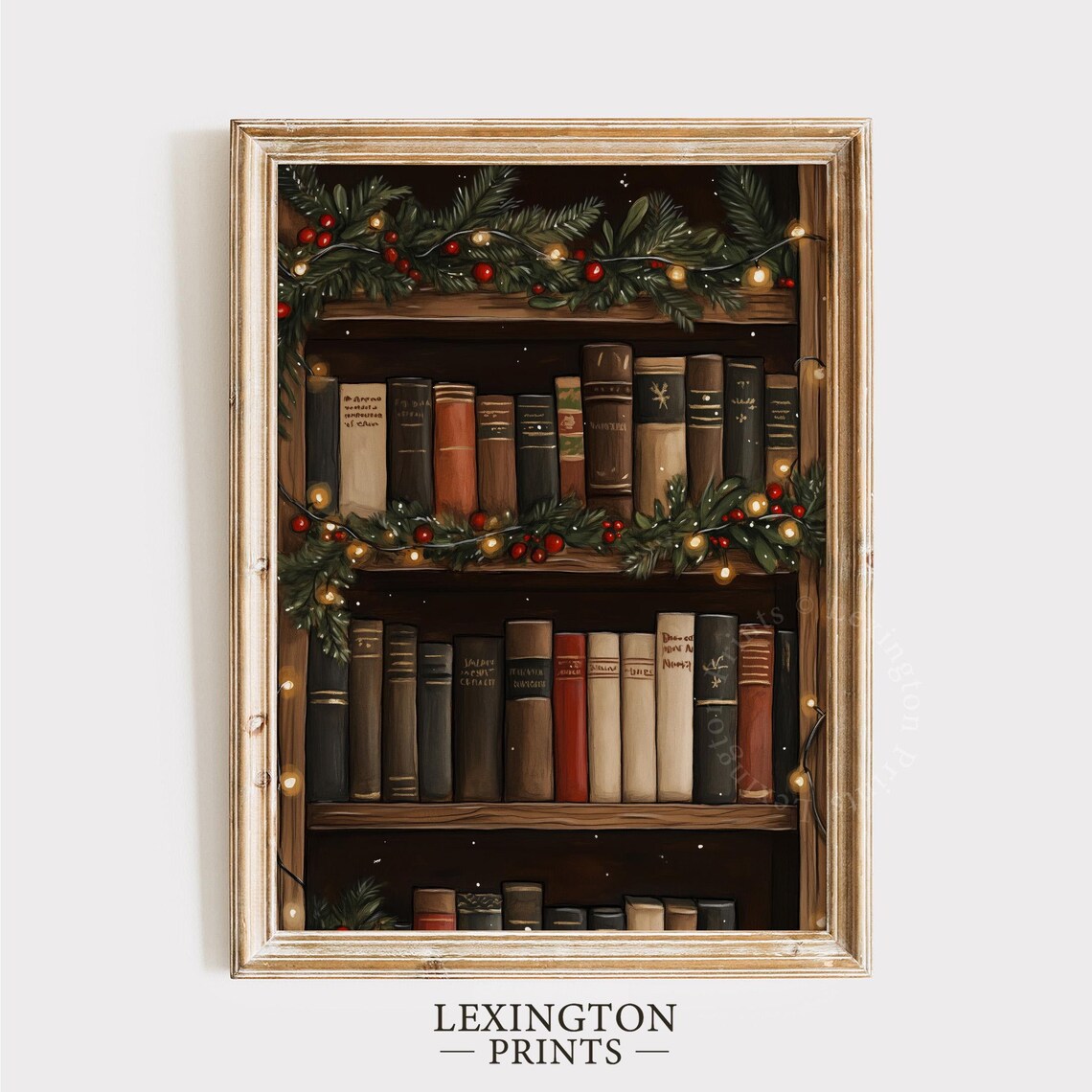 Christmas Bookshelf With Pine Garland And Twinkle Lights Cozy Poster