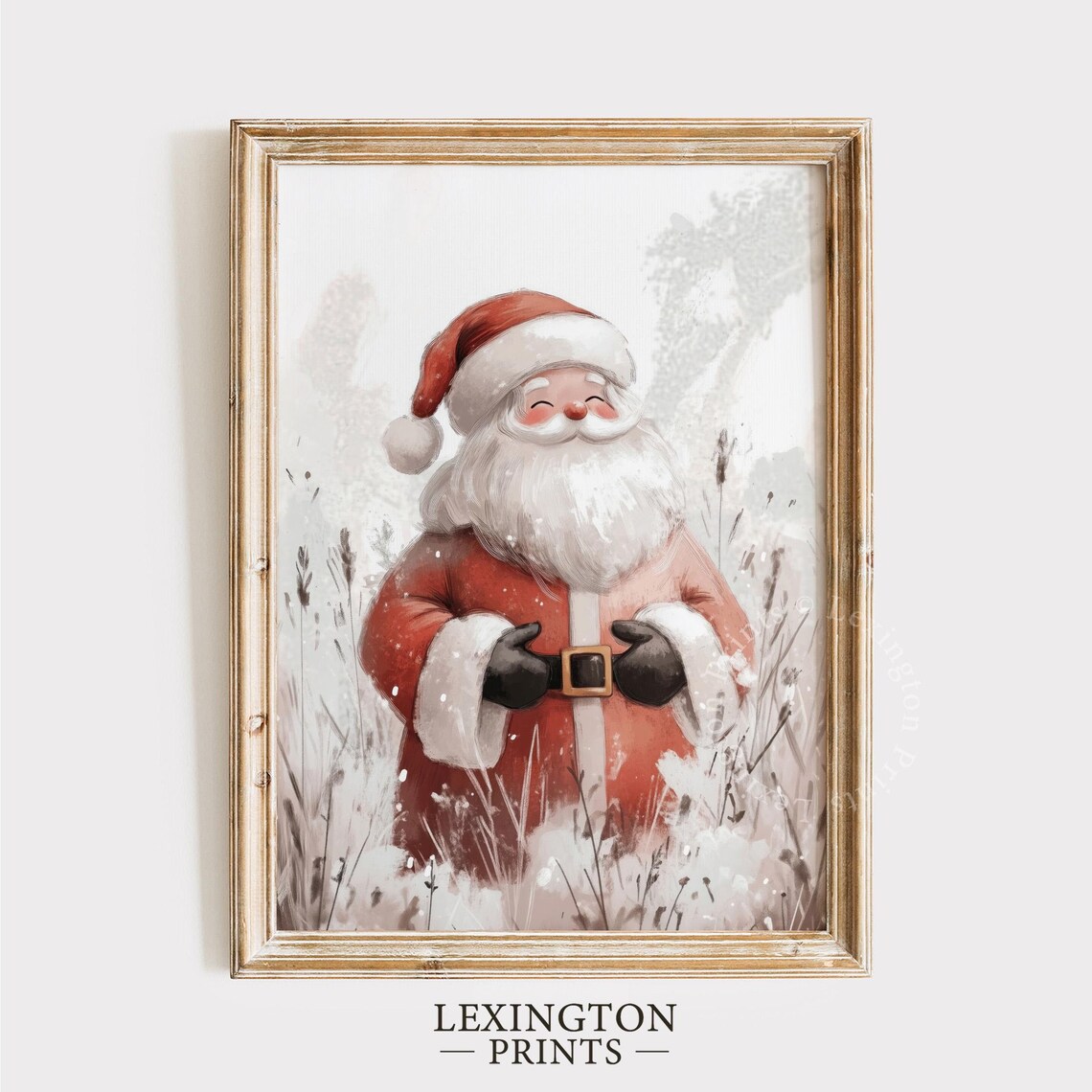 Cheerful Santa Claus in Snowy Wildflower Field Christmas Wall Art