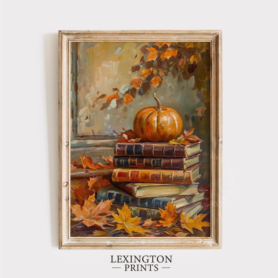 Pumpkin on a Stack of Vintage Books Cozy Fall Still Life Poster