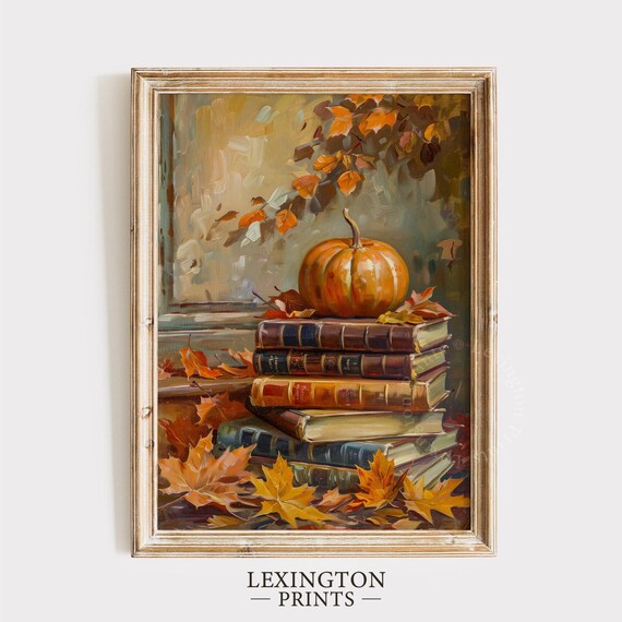 Pumpkin on a Stack of Vintage Books Cozy Fall Still Life Poster