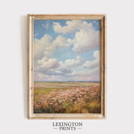 Wildflower Meadow Field Blue Sky Clouds Vintage Spring Painting Poster