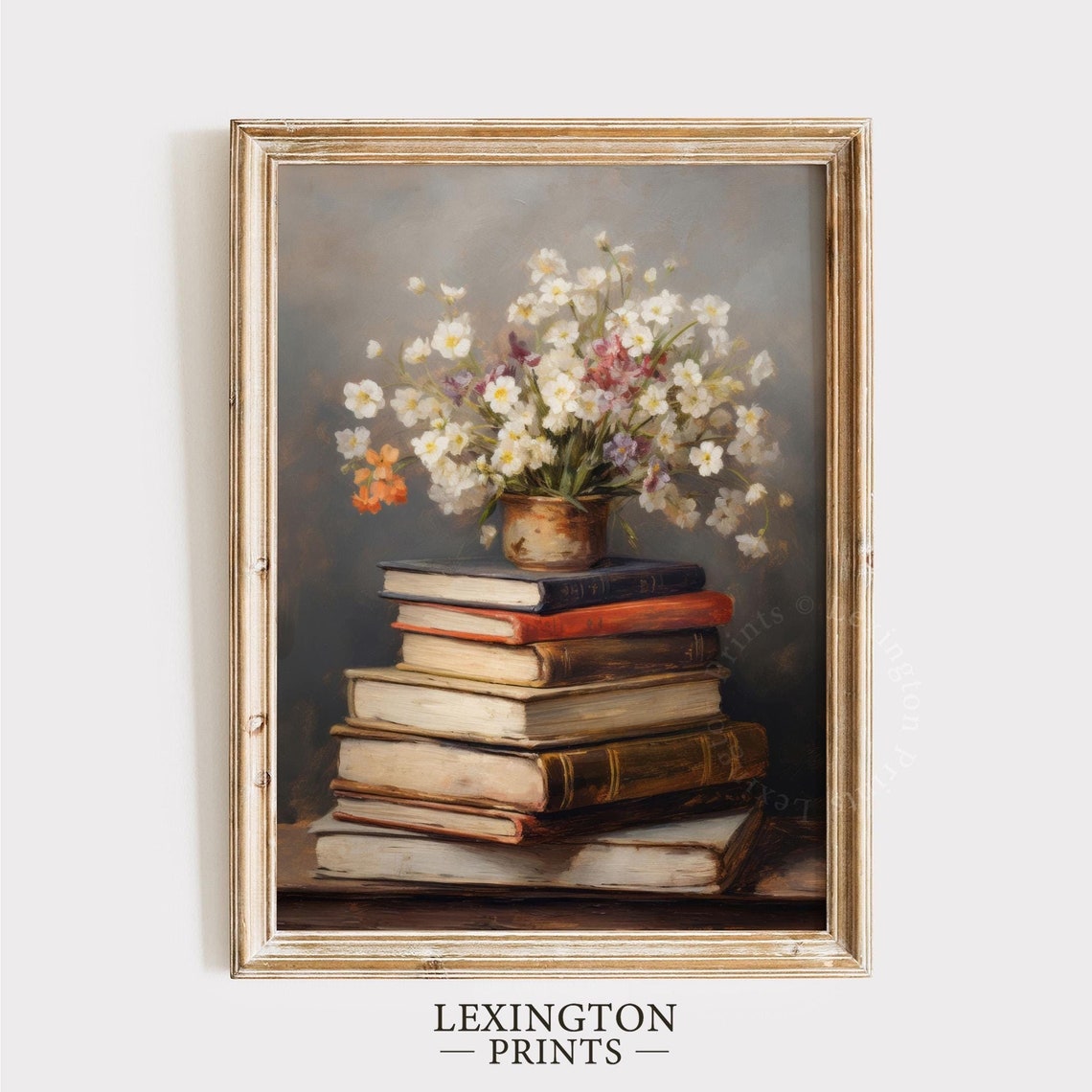 White Wildflower Bouquet in Brass Pot on Books Still Life Art Print - Image 8