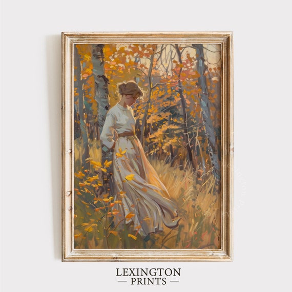 Vintage Woman Fall Wall Art Moody Forest Wall Art Fall Print Autumn Decor Fall Farmhouse Print Landscape Print Victorian Art 783