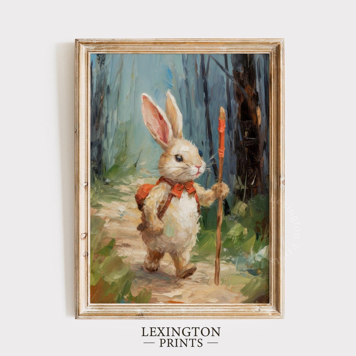 Hiking Bunny Easter Rabbit Forest Painting Cute Spring Art Poster