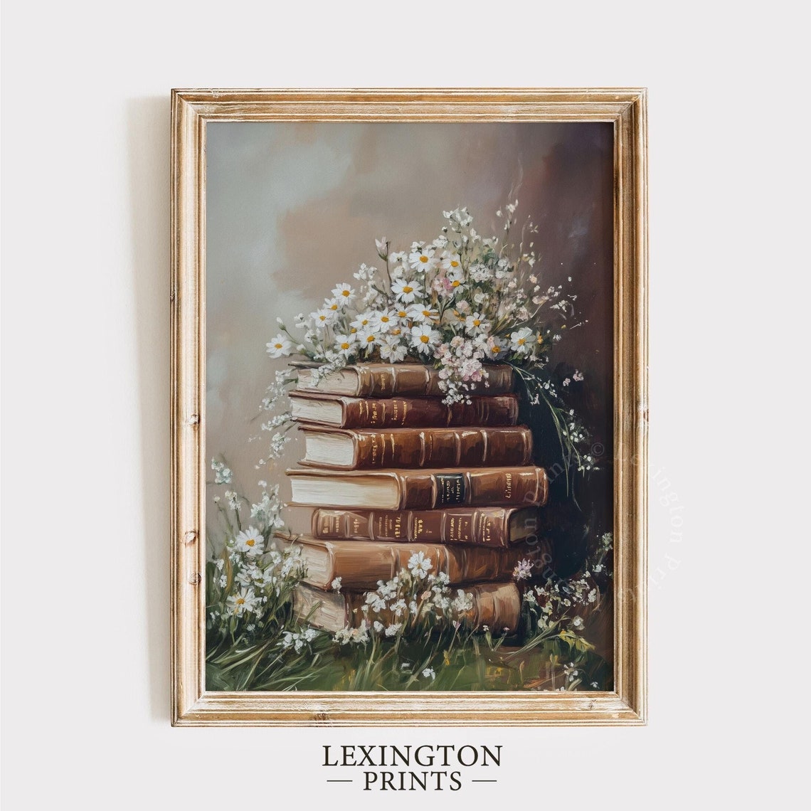 Vintage Books Stack Topped with Daisies Moody Floral Wall Art - Image 8