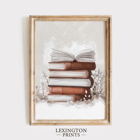 Stack of Books with Open Book Neutral Winter Reading Room Wall Art