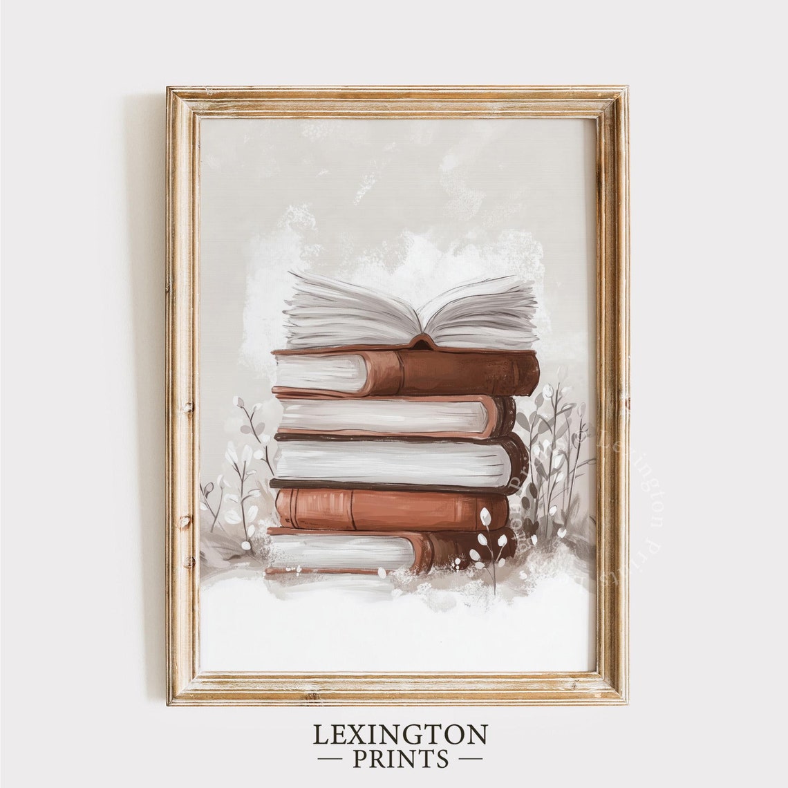Stack of Books with Open Book Neutral Winter Reading Room Wall Art