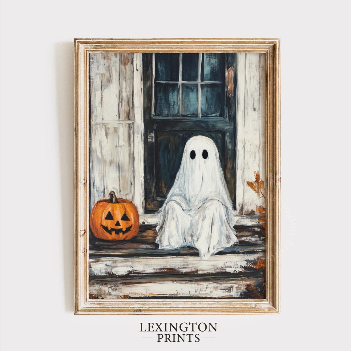 Ghost Sitting on Porch Steps with Jack-o-Lantern Halloween Poster