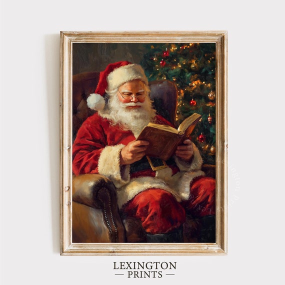 Vintage Santa Reading Book Art Christmas Wall Art Christmas Prints Winter Wall Art Santa Claus Print Moody Wall Art Academia 792