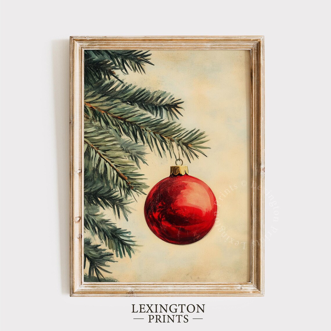 Single Red Christmas Ornament on Pine Branch Minimalist Vintage Poster