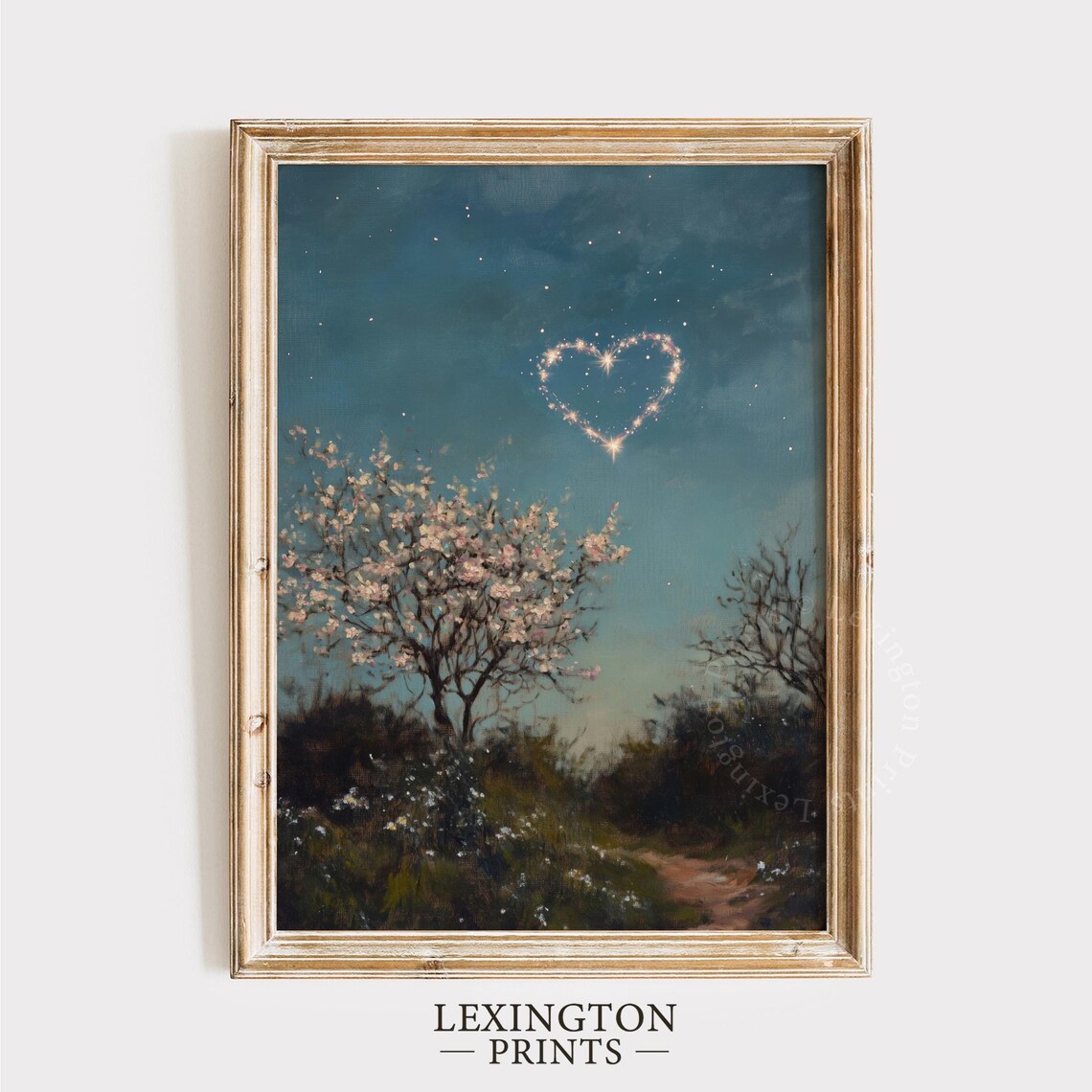 Moody Heart Starry Night Sky Blossoming Tree Vintage Country Poster
