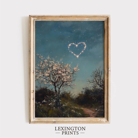 Vintage Landscape Heart Print Moody Wall Art Country Farmhouse Print Night Sky Art Valentines Day Decor Pink Cherry Blossom 1000