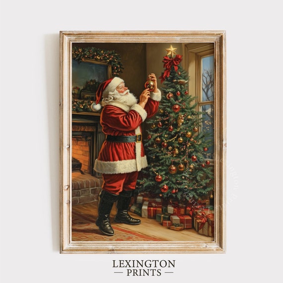 Santa Decorating Christmas Tree Print Christmas Wall Art Santa Claus Wall Art Christmas Prints Ornament Decor Moody Print 851