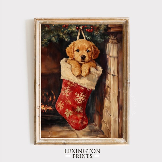 Cute Christmas Dog Stocking Print Christmas Wall Art Golden Retriever Print Winter Wall Art Moody Christmas Dog Lover Gift 962