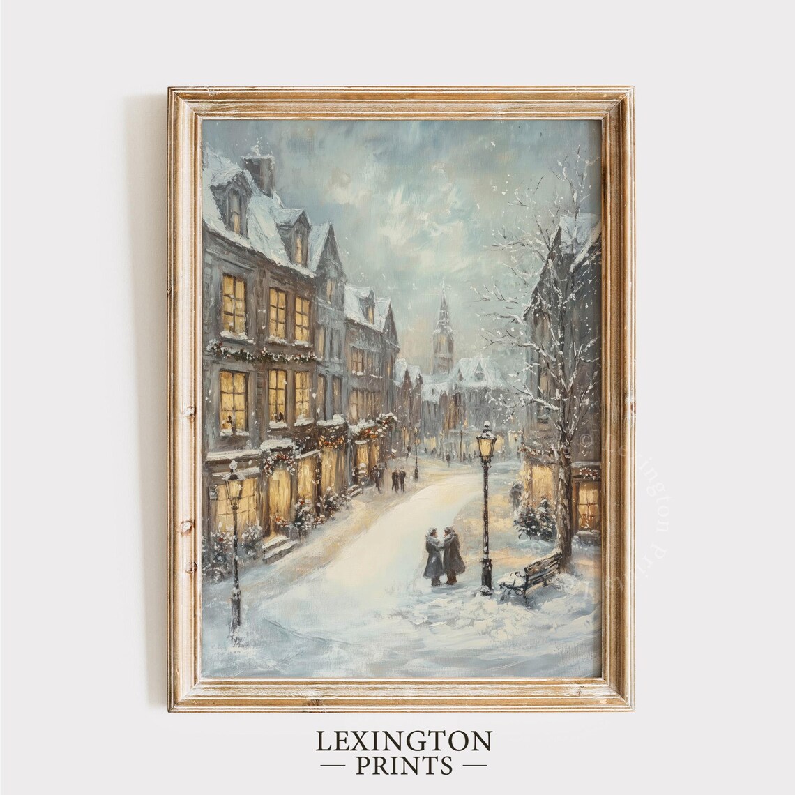 Snowy Lamplit Old Town Christmas Street Winter Painting Poster