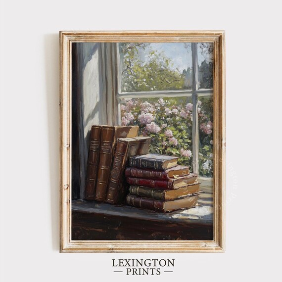 Antique Books on Windowsill Overlooking Rose Garden Still Life Print