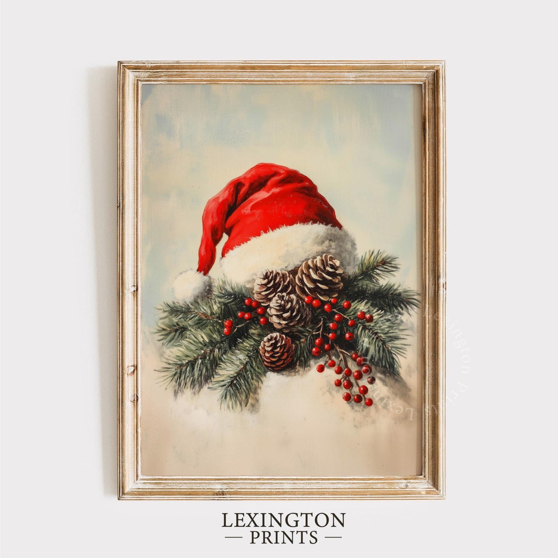 Red Santa Hat with Pinecones and Berries Christmas Decor Poster