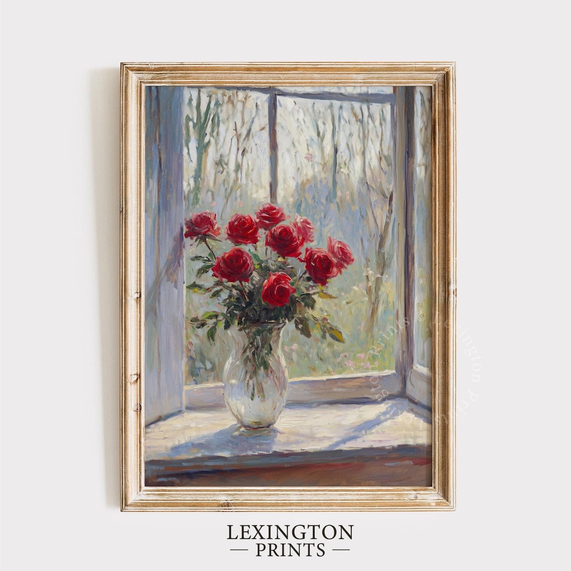 Red Roses in Glass Vase on Sunlit Windowsill Floral Still Life Print