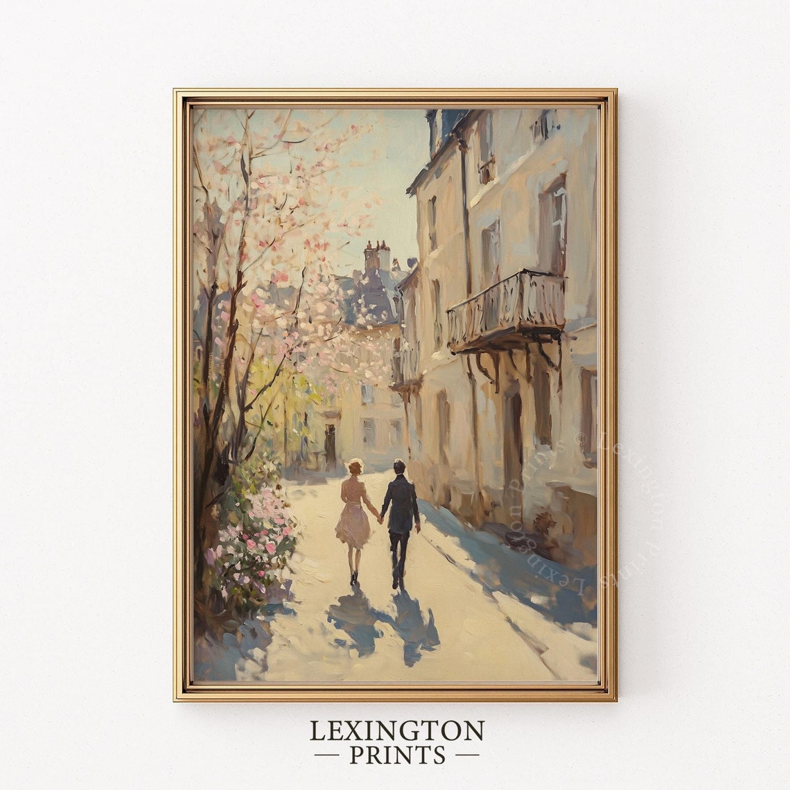 Couple Holding Hands on Cherry Blossom Street Spring Love Wall Art - Image 8