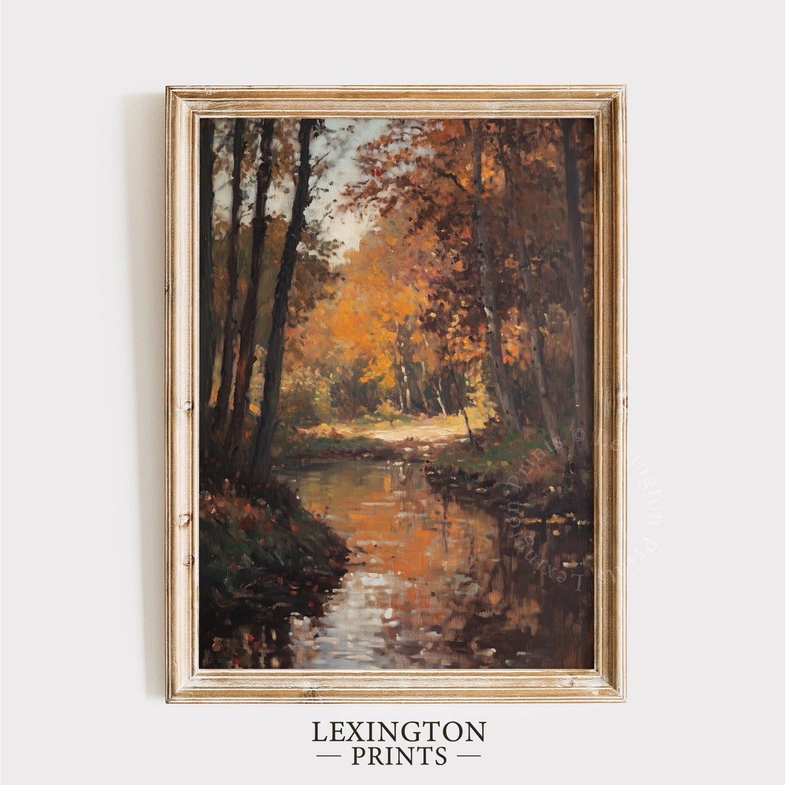 Moody Fall River Dark Forest Reflection Vintage Oil Painting Poster