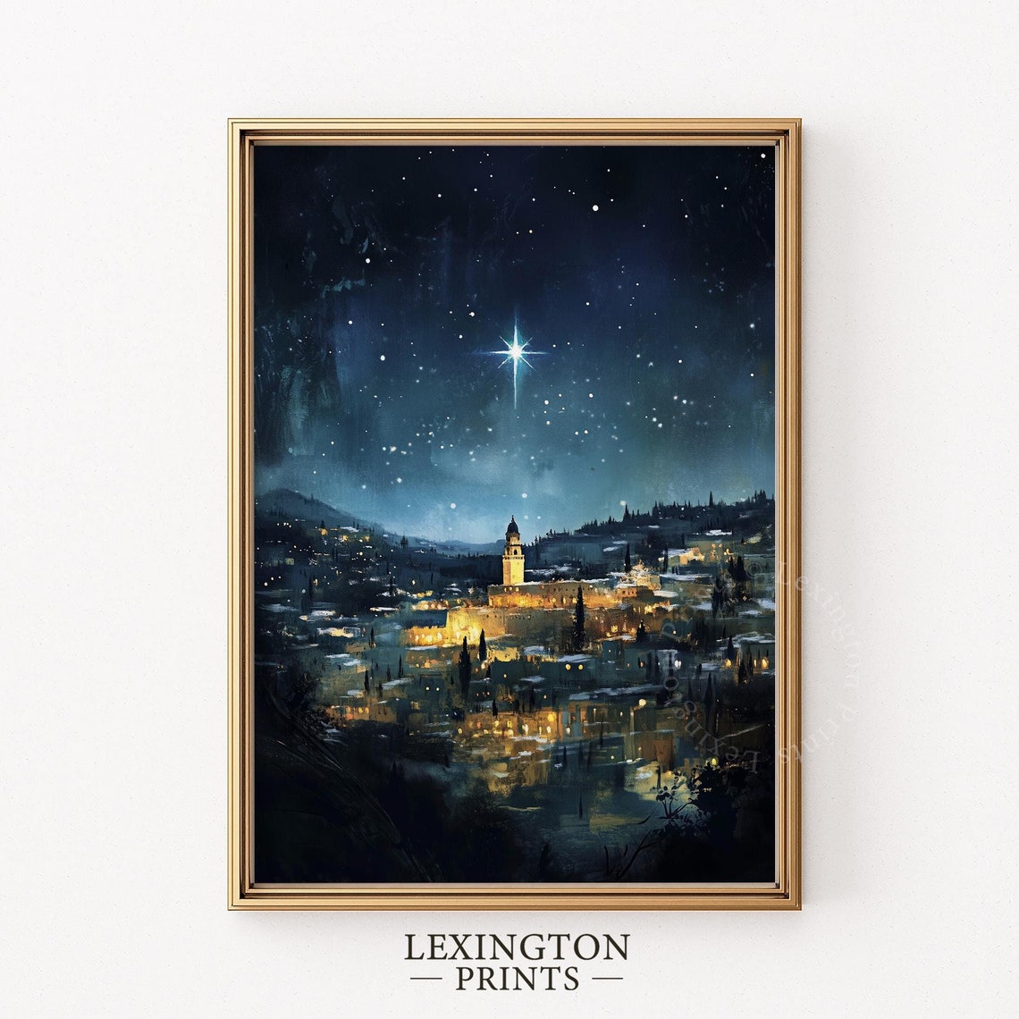 Bethlehem Starry Night Nativity Town Christmas Painting Poster