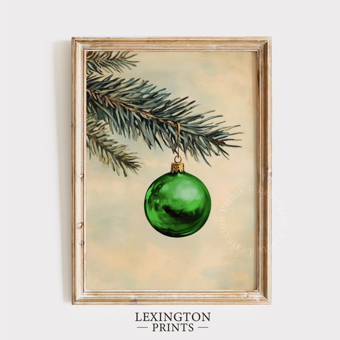Green Christmas Ornament on Pine Branch Minimal Oil Painting Poster